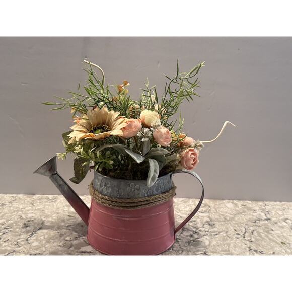 Spring Floral Arrangement in Metal Watering Can - Farmhouse Beach Rustic Decor - Picture 5 of 7